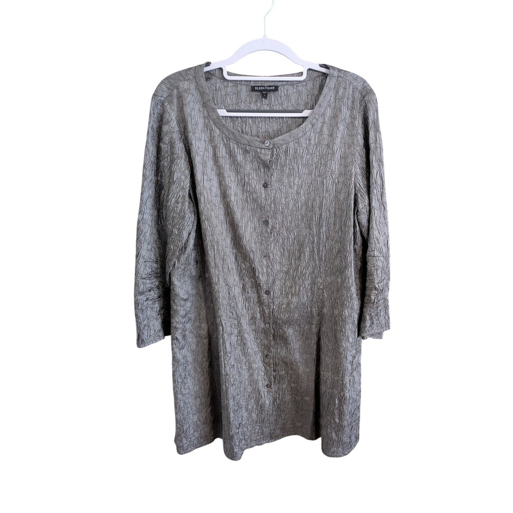 Eileen Fisher Gray 100% Silk Crinkle Textured Lagenlook Top Large